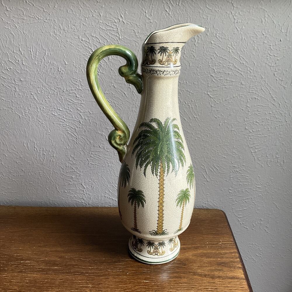 Vintage‎ 2001 Ceramic crackle glaze Vase with Palm Trees 14- 1/2" tall beautiful